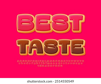 Vector delicious label Best Taste. Sweet Donut Font. Red Glazed Alphabet Letters and Numbers set