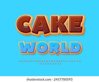 Vector delicious label Cake World.  Tasty Donut Font. Sweet Alphabet Letters and Numbers.