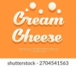 Vector Delicious label Cream Cheese. Beautiful White Font. Artistic 3D Alphabet Letters and Numbers