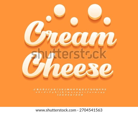 Vector Delicious label Cream Cheese. Beautiful White Font. Artistic 3D Alphabet Letters and Numbers