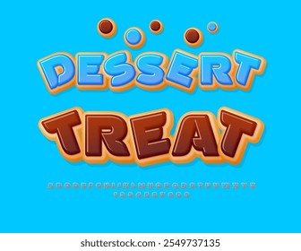 Vector Delicious label Dessert Treat. Blue glazed Font. Tasty Donut Alphabet Letters and Numbers set.