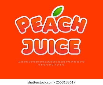 Vector delicious label Peach Juice with decorative Leaf. Bright stylish Font. Set of Alphabet Letters and Numbers
