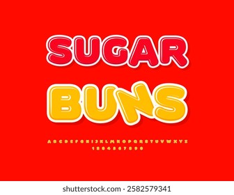Vector Delicious label Sugar Buns for Bakery Cafe and Shop. Artistic Yellow Font. Glossy Alphabet Letters and Numbers set.