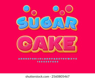 Vector delicious label Sugar Cake. Tasty Cake Font. Sweet Alphabet Letters and Numbers set.