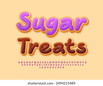 Vector Delicious label Sugar Treats. Sweet Donut style Font. Bright Tasty Alphabet Letters and Numbers set.