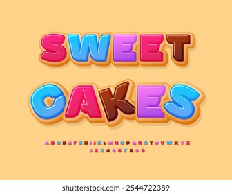Vector delicious label Sweet Cakes. Donuts style Font. Tasty cool Alphabet Letters and Numbers set.