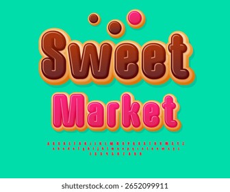 Vector Delicious label Sweet Market. Unique Tasty Donut  Font. Creative Cake Alphabet Letters and Numbers set.
