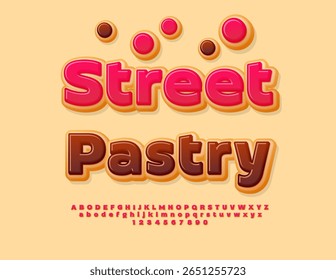 Vector Delicious label Sweet Pastry. Red Glazed Font. Donut style set of Tasty Alphabet Letters and Numbers.