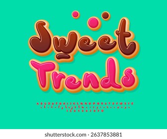 Vector Delicious label Sweet Trends. Tasty Donut style Font. Red Glazed Cake Alphabet Letters and Numbers set.