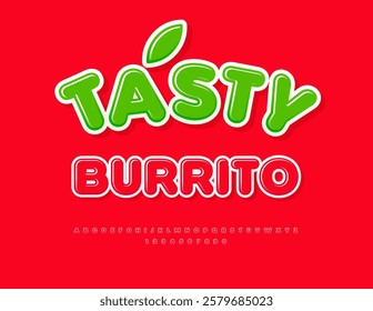 Vector Delicious label Tasty Burrito. Glossy Red Font. Fashion Uppercase Alphabet Letters and Numbers set