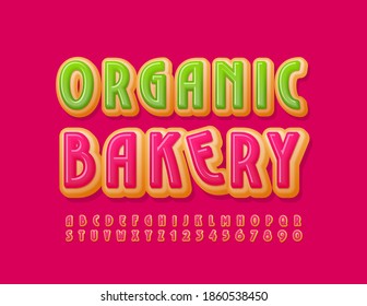 Vector delicious logo Organic Bakery. Tasty Glazed Font. Sweet Alphabet Letters and Numbers set