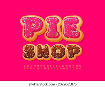 Vector delicious logo Pie Cakes. Pink Glazed Donut Font with Sugar Sprinkles. Sweet Alphabet Letters and Numbers set