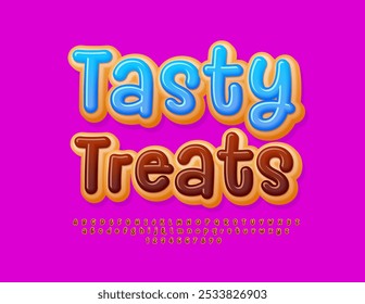 Vector delicious poster Tasty Treats. Sweet Cake Font. Chocolate Brown Alphabet Letters and Numbers