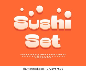 Vector Delicioso Conjunto de Sushi de Promoción. Fuente blanca moderna. Hermosas letras y números del alfabeto 3D
