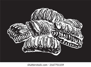 Vector delicious puff pastry buns, fast food element from bakery isolated on black