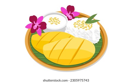 Vector delicioso mango maduro y arroz pegajoso con leche de coco, judías verdes fritas espolvoreadas decoradas con orquídeas, hojas de ruanda ilustradas con hojas de plátano. Comida tailandesa, popular postre de estilo plano.