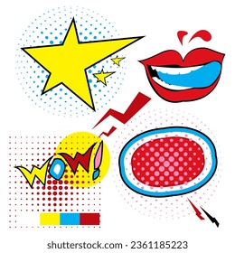 vector delicious sexy red lips, abstract red open talking pop art. Comic letter wow!. Vector bright star cartoon illustration in retro pop art style. Comic text sound effects.