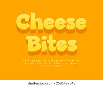 Vector Delicious sign Cheese Bites. Cute Yellow Font. Creative 3D Alphabet Letters and Numbers set.