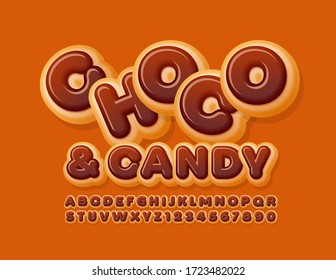 Signo vectorial delicioso Choco & Candy. Fuente de donut acristalada. Sabrosas letras y números de alfabeto creativos.