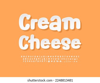 Vector delicious sign Cream Cheese. Funny White sticker Font. Playful style Alphabet Letters and Numbers