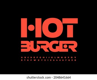 Vector delicious sign Hot Burger. Bright creative Font. Red Alphabet Letters and Numbers set