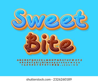 Vector delicious sign Sweet Bite. Handwritten cake Font. Chocolate glazed Alphabet Letters, Numbers and Symbols set