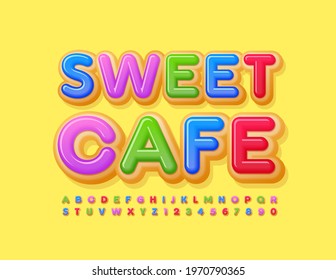Cafe con vectores deliciosos y dulces. Colorida fuente acristalada. Letras y números luminosos de los alfabetos de Donut