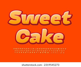 Señal vectorial deliciosa Sweet Cake. Luminoso y brillante fuente. Conjunto naranja de letras, números y símbolos de alfabeto