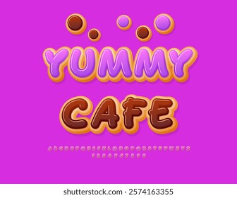 Vector Delicious Signboard Yummy Cafe with Handwritten Font. Violet Glazed Cake Alphabet Letters and Numbers set