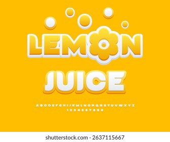 Vector Delicious sticker Lemon Juicy with Decorative Flower. Elegant White and Yellow Font. Artistic Alphabet Letters and Numbers set 