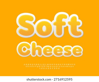 Vector Deliciosa pegatina Queso Suave. Fuente de color amarillo creativo. Conjunto de letras y números de alfabeto redondeado.