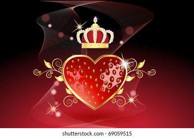 Vector Delicious strawberry heart with crown. Beautiful red sparkling background with stars.