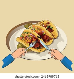Vector delicious taco with knife and fork in both hands ready to eat