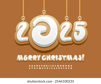 Vector delicious Wish Card Merry Christmas 2025! Tasty Biscuit Font. Sugar Glazed Alphabet Letters and Numbers set.