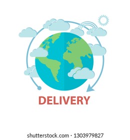 Vector delivery  background with  cartoon round earth, clouds and an arrow, worldwide delivery concept 