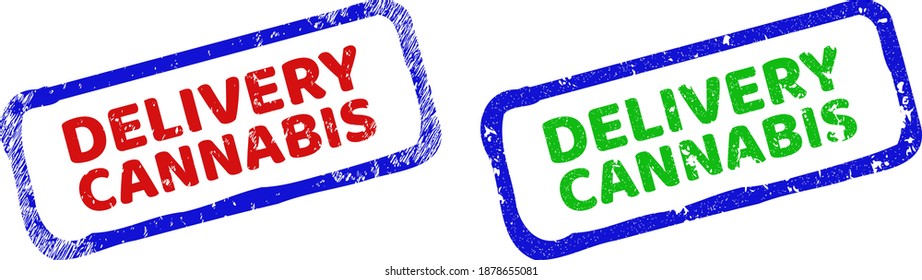 Vector DELIVERY CANNABIS framed imprints with unclean surface. Rough bicolor rectangle seals. Red, blue, green colors used.