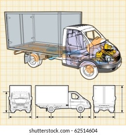 Vector delivery / cargo truck infographics cutaway