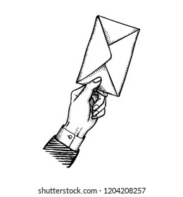 Vector delivery concept illustration with victorian style adverticing ink engraving hand giving the envelope letter mail isolated on white