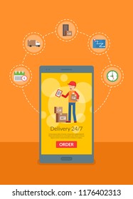 Vector delivery flat elements around phone online shopping concept illustration. Delivery mobile online, web store and shop