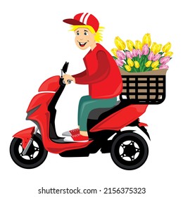 Vector delivery flowers man and scooter