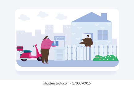 Vector delivery, food safe box, sterile, coronavirus covid-19 epidemic delivery man bringing home, prepare a table for virus protection