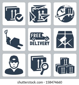 Vector delivery icons set: box, paperplanes, globe, pallet jack, van, parcel, courier, tracking, warehouse