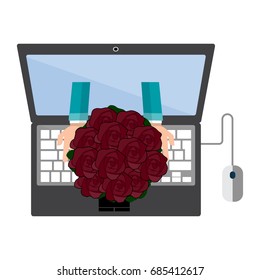 Vector delivery illustration. Placing order online, courier transportation. Simple flat design for post service, roses flowers
