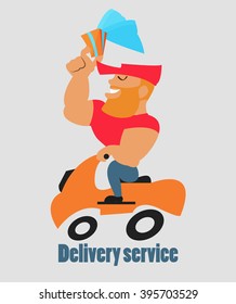 Vector delivery label with a courier on a bike/moped with a gift box
