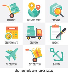 Vector delivery and logistics icons set. Flat design illustrations. Isolated on white background. Set 8. 