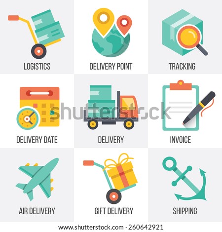 Vector delivery and logistics icons set. Flat design illustrations. Isolated on white background. Set 8. 