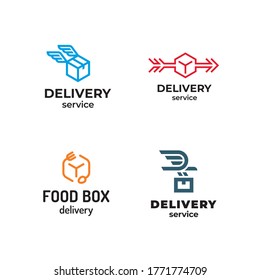 Vector delivery logo design set. Linear box icon label for logistic services. Modern fast shipping concept with flying bird, wings, arrow. Graphic courier symbol illustration background