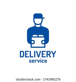 Vector delivery logo template. Courier man with box icon label for logistic services. Flat express post illustration background. Modern fast shipping design concept