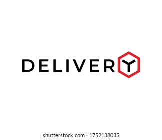 Vector delivery logo template. Creative typographic logotype with box in the Y letter for logistic services. Express post illustration background. Modern fast shipping concept