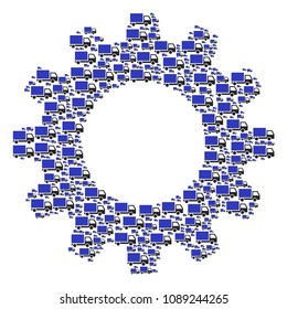 Vector delivery lorry icons are organized into cogwheel collage. Mechanics design concept constructed of delivery lorry icons.